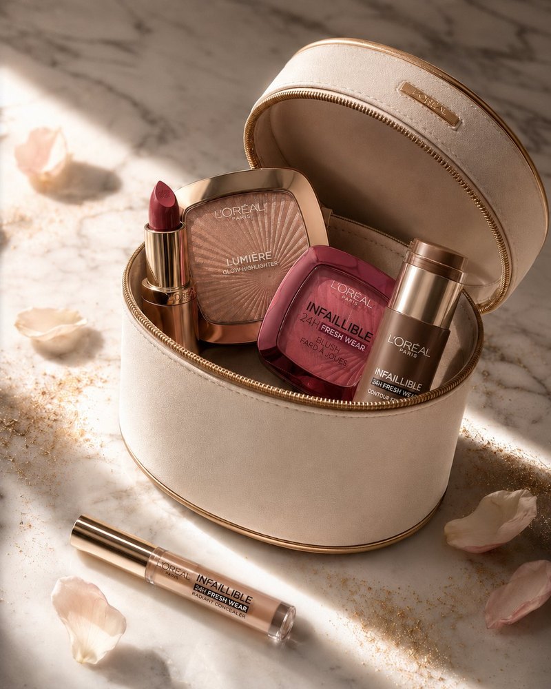 L'Oréal Paris, Made For Me: krem rengi kutuda ruj, aydınlatıcı, allık ve kapatıcıdan oluşan kişiye özel makyaj kiti, mermer üzerinde